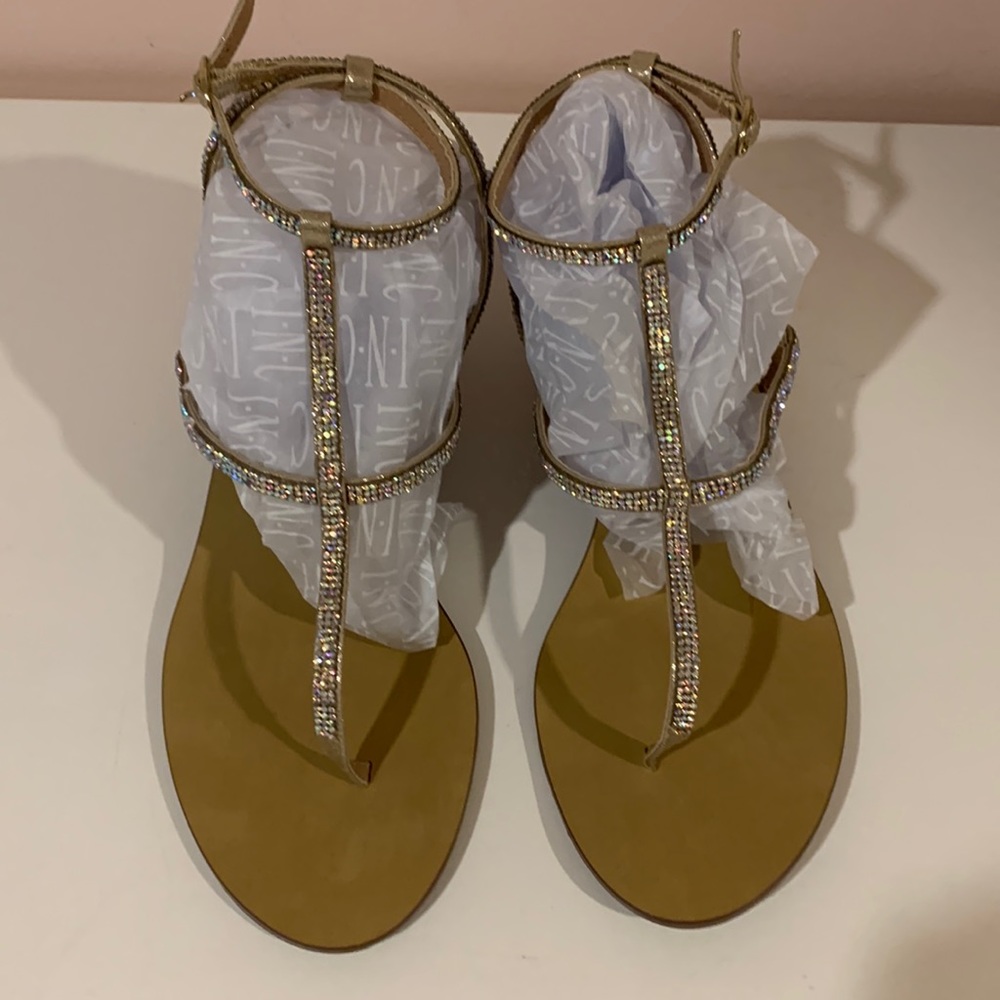 INC Rhinestone ankle strap sandals.